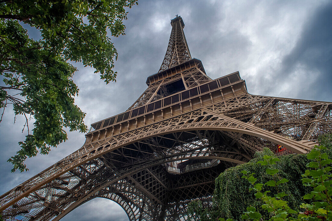 Close up of the intricate Eiffel Tower wrought iron lattice work , The Eiffel Tower is the most visited paid monument in the world , Paris ,France