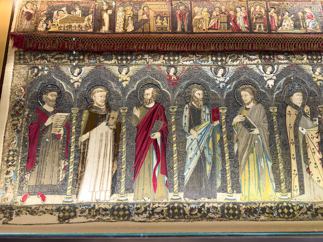 An embroidered altar frontal from 1336 by Jacopo de Cambio in the Accademia Gallery in Florence, Italy. Originally in the Church of Santa Maria Novella in Florence. This section depicts prophets of the Old Testament.