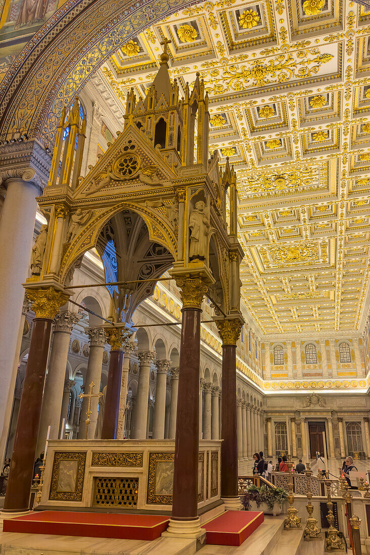 The Gothic-style ciborium in the Basilica of St. Paul Outside the Walls, Rome, Italy. Created by Arnolfo di Cambio and completed in 1285 A.D.