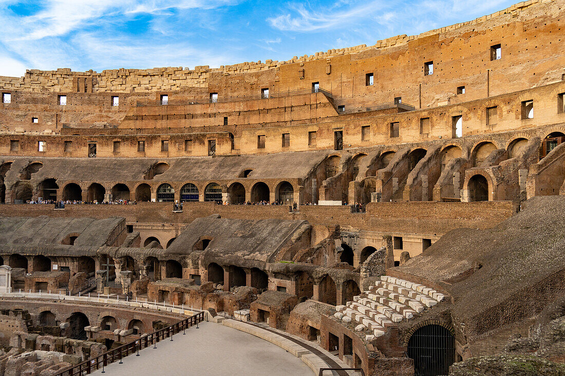 Interior of the Roman Colosseum or Flavian Amphitheater in Rome, Italy. The tunnels under the floor of the arena were called hypogeum.