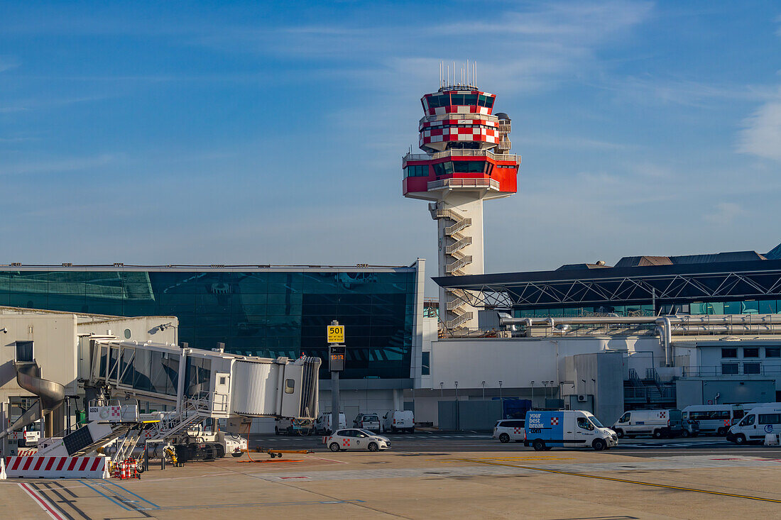 The air traffic control tower at Rome's Leonardo da Vinci International Airport in Fiumicino, Italy.