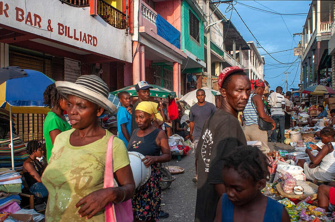 Local market and houses in the historic colonial old town, Jacmel city center, Haiti, West Indies, Caribbean, Central America