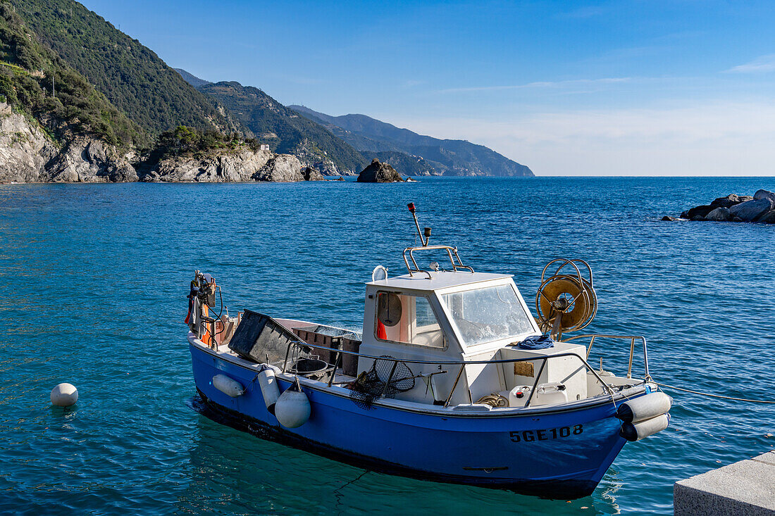 A fishing boat in the harbor of Monterosso al Mare, Cinque Terre, Italy.