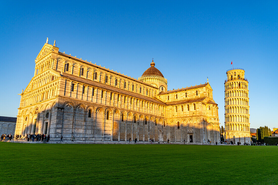 The Pisa Cathedral and Leaning Tower in the Piazza dei Miracoli in Pisa, Italy.