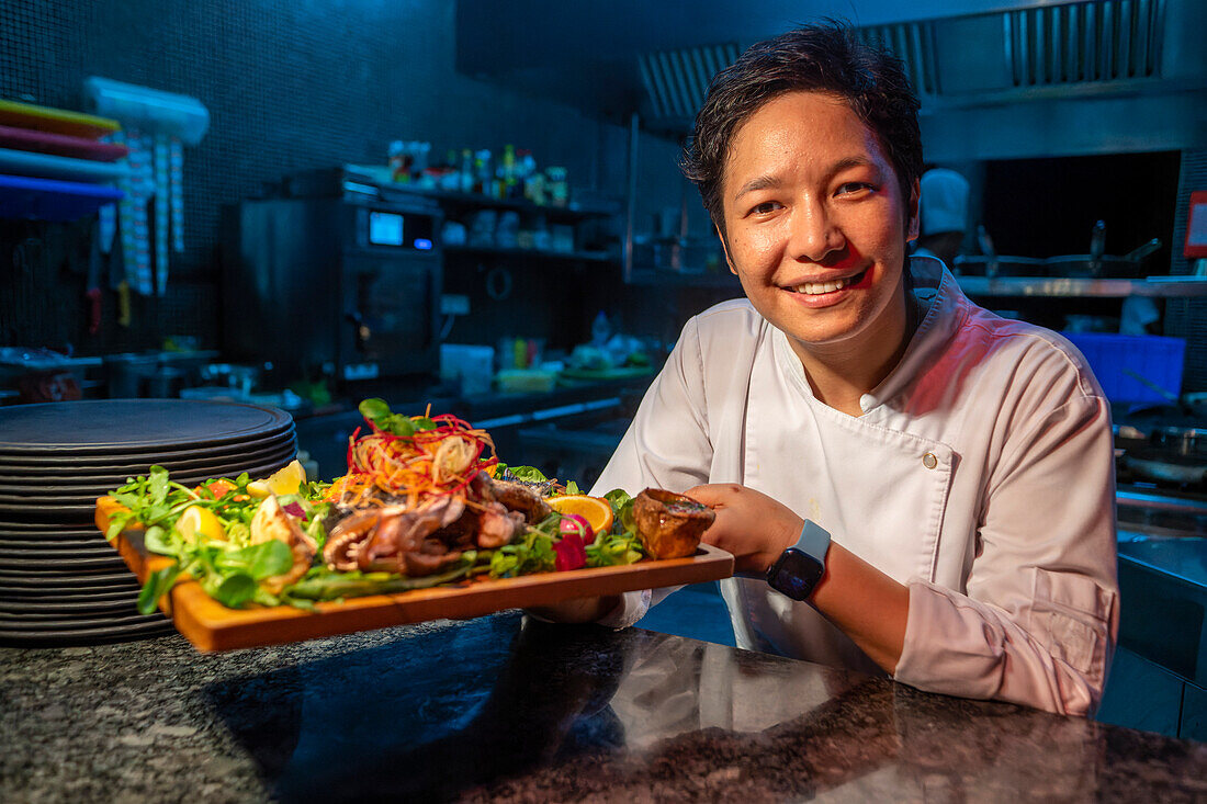 Restaurant of th the Outrigger maldives Maafushivaru luxury resort, South Ari Atoll region Maldives, chef Preeti Bomzon