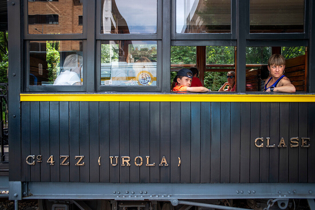 Alter Dampfzugwagen von Azpeitia im Baskischen Eisenbahnmuseum, einem der bedeutendsten seiner Art in Europa. Eisenbahngeschichte von Euskadi in Azpeitia, Gipuzkoa, Euskadi, Baskenland, Spanien.