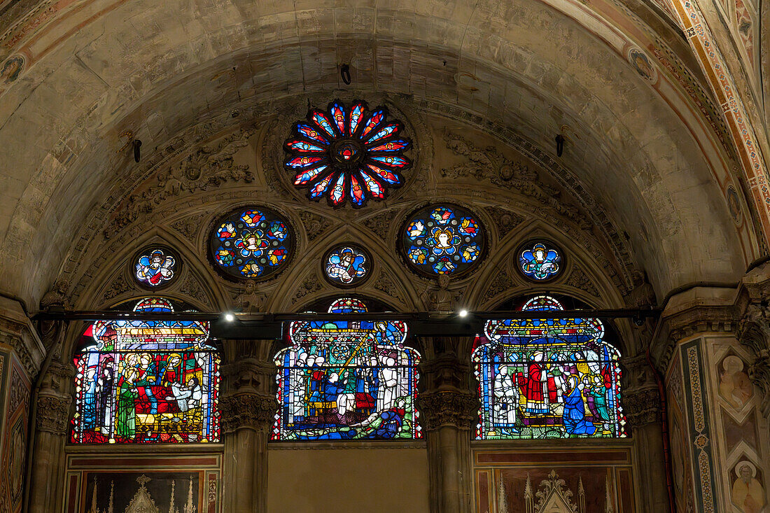 Stained glass windows in the Orsanmichele Church in Florence, Italy.