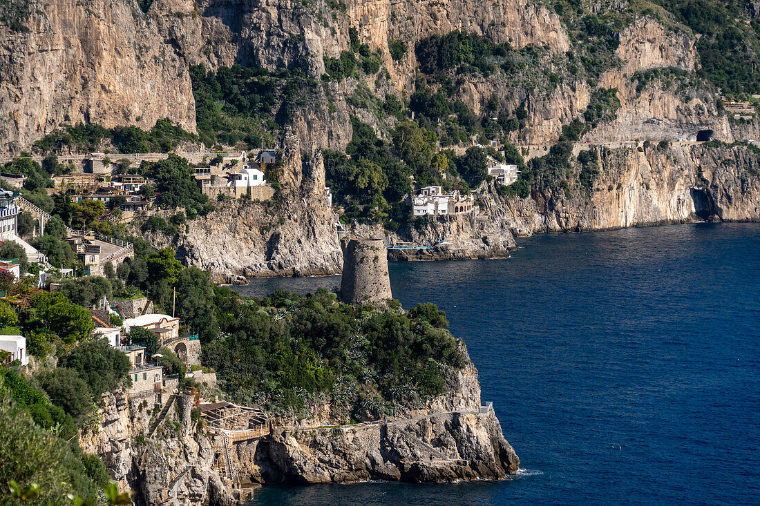 The Asciola tower or Torre a Mare, a medieval Saracen watch tower on the Amalfi Coast at Praiano, Italy.