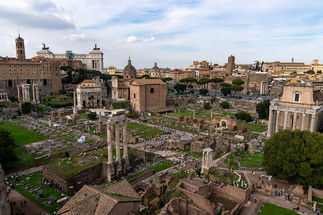 Ruins of the Roman Forum in the Colosseum Archaeological Park in Rome, Italy.