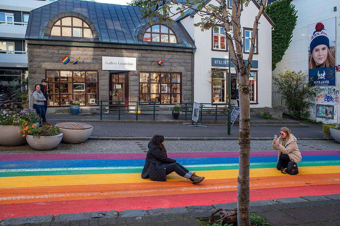 Skolavoerdustigur Rainbow street in Reykjavik in Iceland, painted in rainbow colours during the cities annual Gay Pride Festival