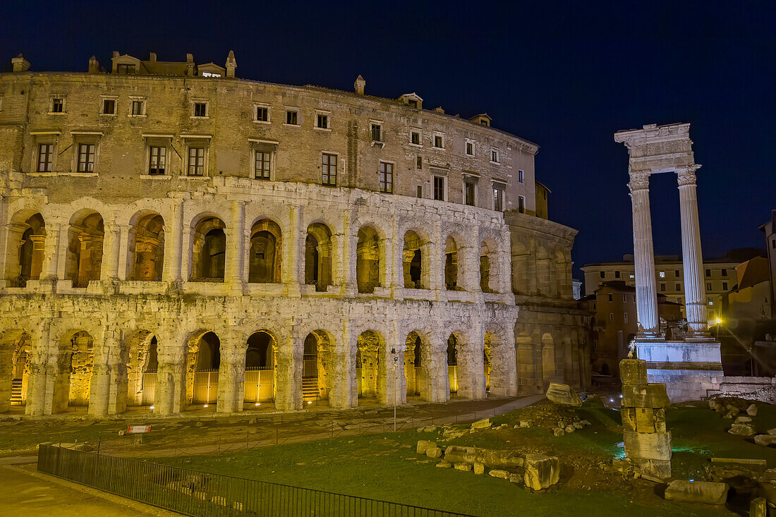 Ruins of the Theater of Marcellus or Teatro di Marcello and columns of the Temple of Apollo Sosianus in Rome, Italy.