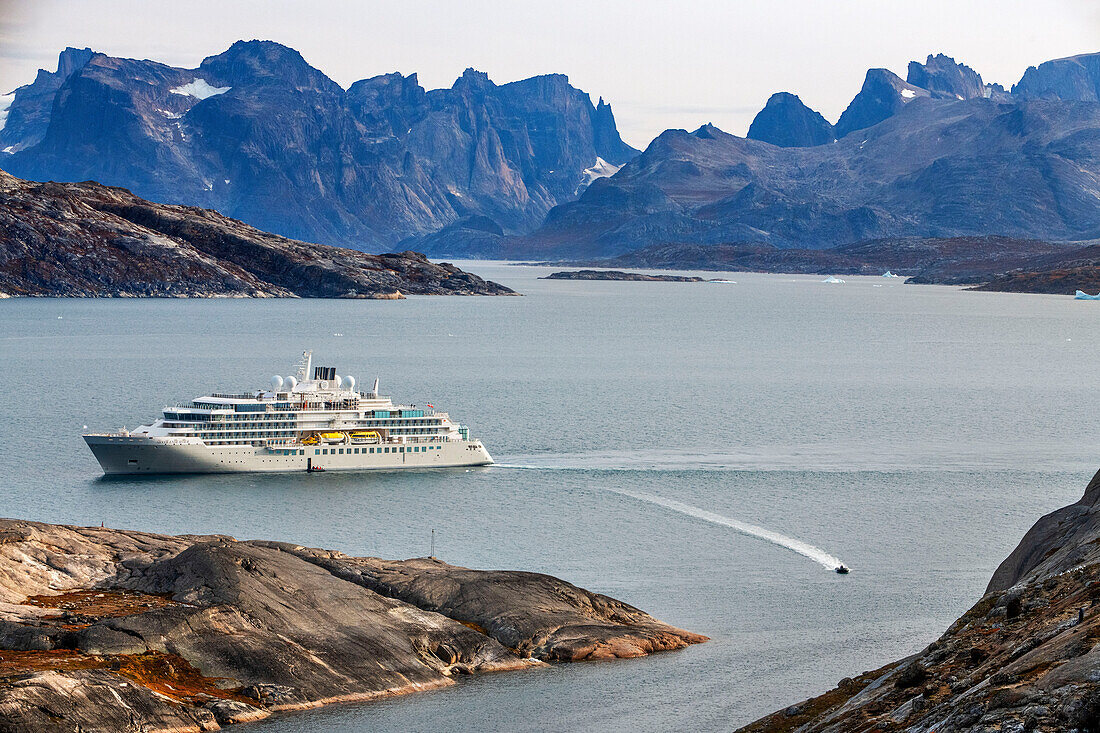 Silversea Endeavor in the coast of East Greenland in the village of Aappilattoq, South Greenland, Arctic sea.