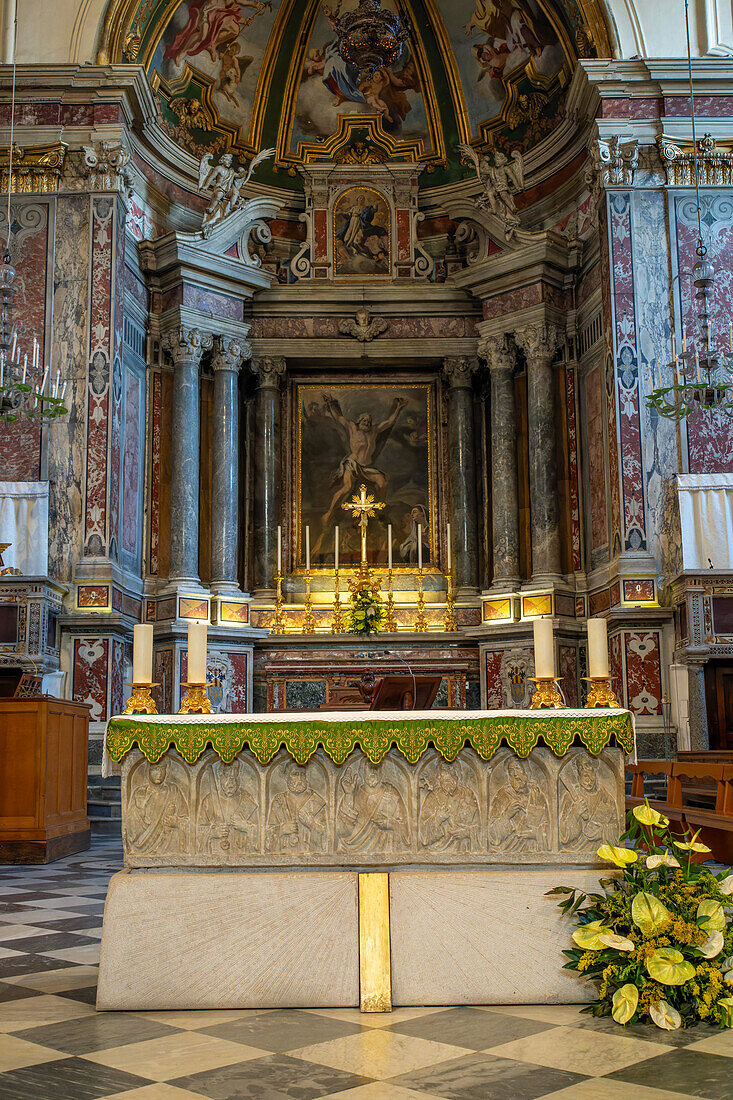 The main altar and altarpiece of the Duomo of Amalfi, the Cathedral of Saint Andrew in Amalfi, Italy.