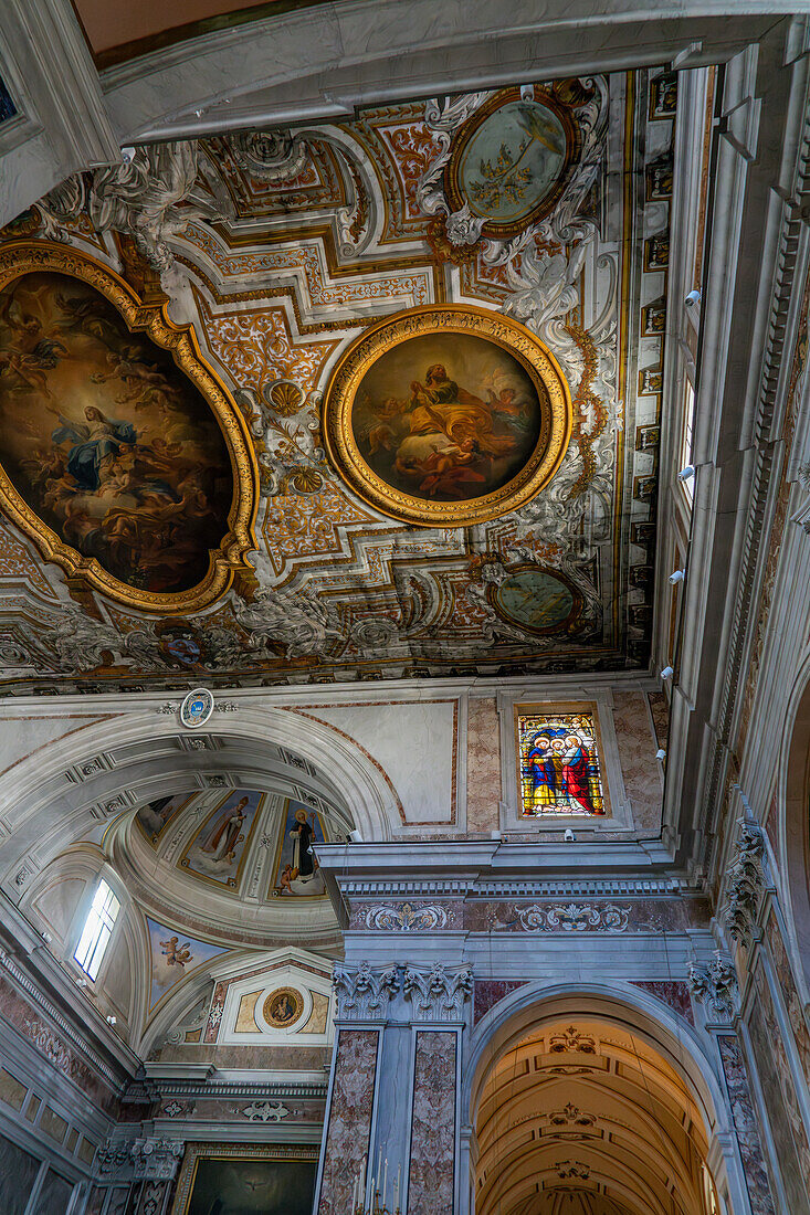 Paintings on the ceiling of the nave of the Cathedral of Saints Philip and James in Sorrento, Italy.