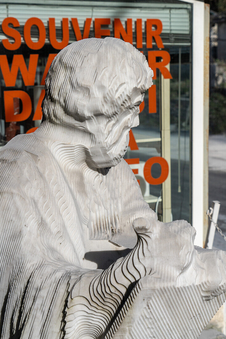 A sculpture roughed out with a CNC milling machine prior to hand finishing at a carving studio. Fantiscritti, Carrara, Italy.