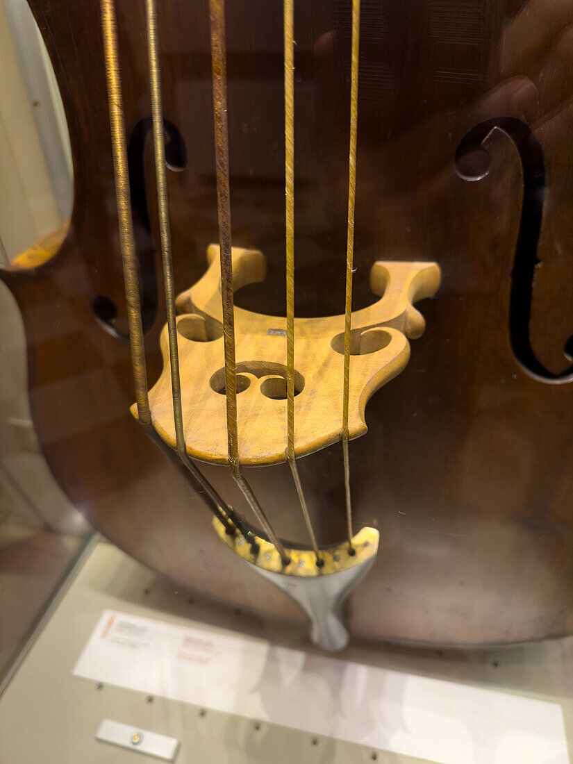 Brücke und Saiten eines fünfsaitigen Kontrabasses in der Accademia-Galerie in Florenz, Italien, um die Mitte des 17. Wurde vermutlich von Bartolomeo Cristifori gebaut.