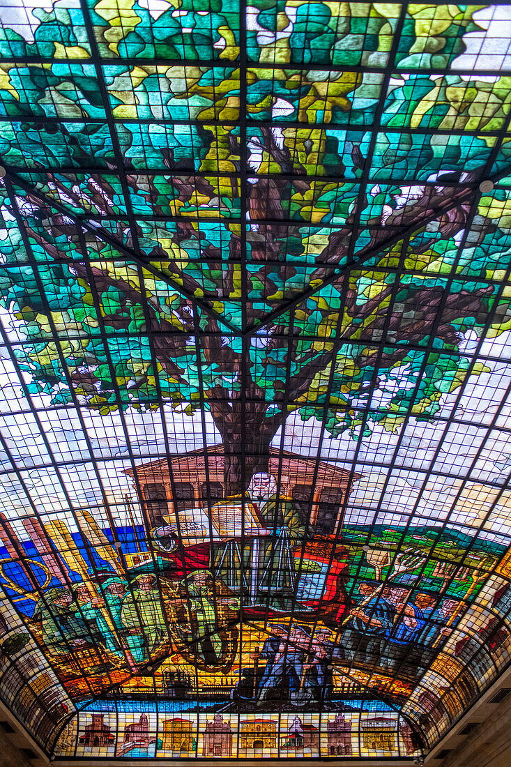 The Tree of Gernika stained glass ceiling in the Assembly House Casa de las Juntas, Gernika Guernica, Basque Country, Spain