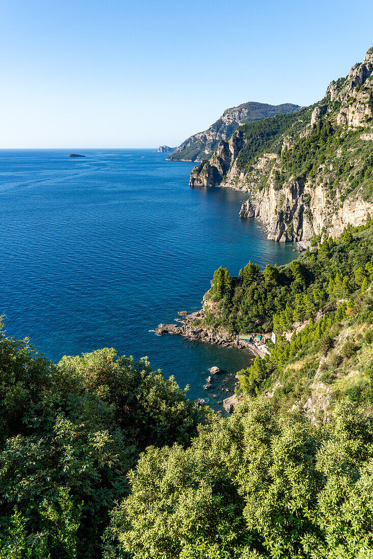 The Amalfi Coast in italy on the Gulf of Salerno with the Scoglia Vetara rock at left.