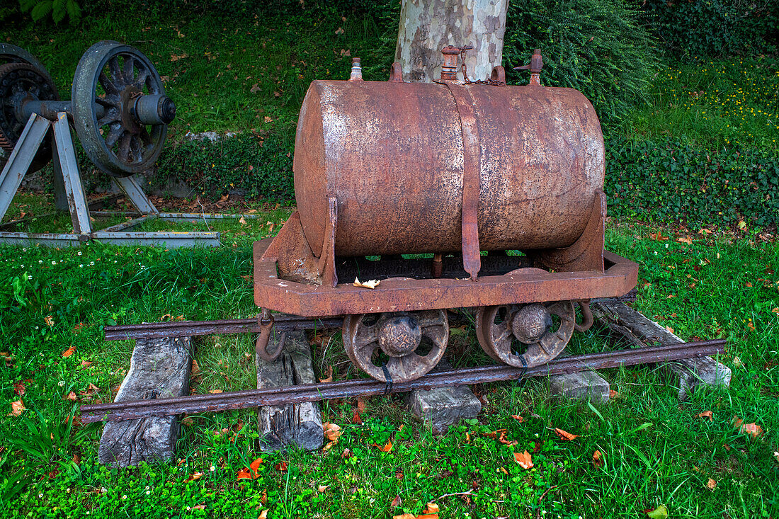 Alter Dampfzugwagen von Azpeitia im Baskischen Eisenbahnmuseum, einem der bedeutendsten seiner Art in Europa. Eisenbahngeschichte von Euskadi in Azpeitia, Gipuzkoa, Euskadi, Baskenland, Spanien.