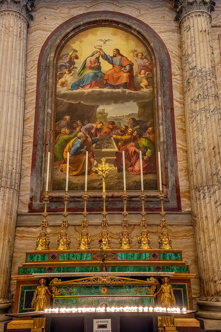 Altar and altarpiece of a chapel in the transept of the Basilica of St. Paul Outside the Walls, Rome, Italy.