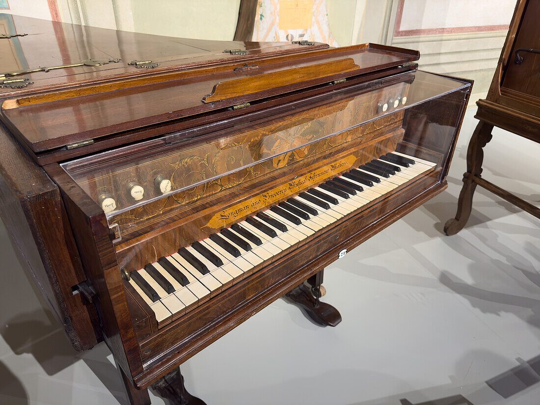 An antique English harpsichord built in London in 1785 in the Accademia Gallery in Florence, Italy.