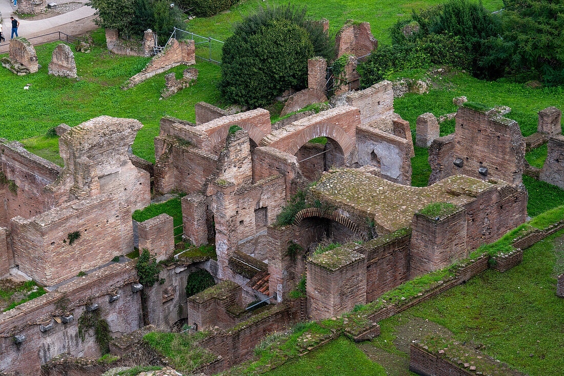 Ruins of a building in the Roman Forum in the Colosseum Archaeological Park in Rome, Italy.