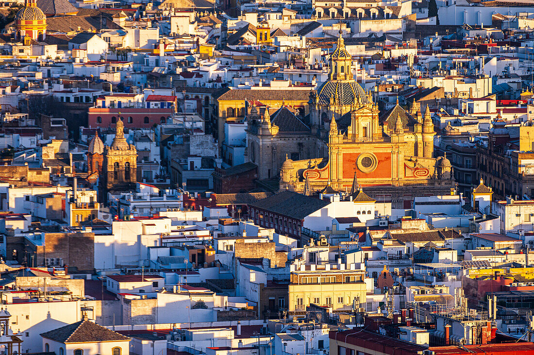 Explore the stunning aerial view of Iglesia del Salvador surrounded by city buildings in Seville, capturing the charm of Spain.