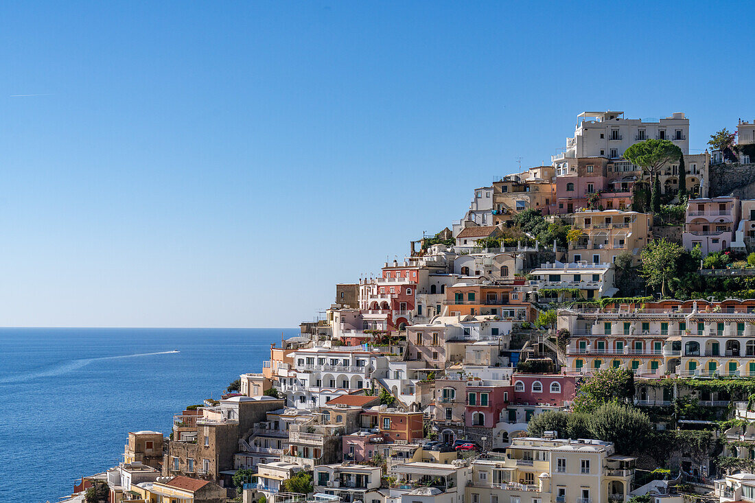 View of the seaside resort town of Positano on the Amalfi Coast in Italy, as viewed from the south.