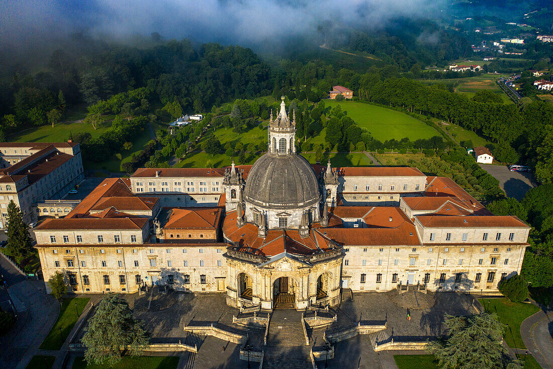 Aerial view of Shrine and Basilica of Loyola, between the towns of Azpeitia and Azcoitia, Spain.