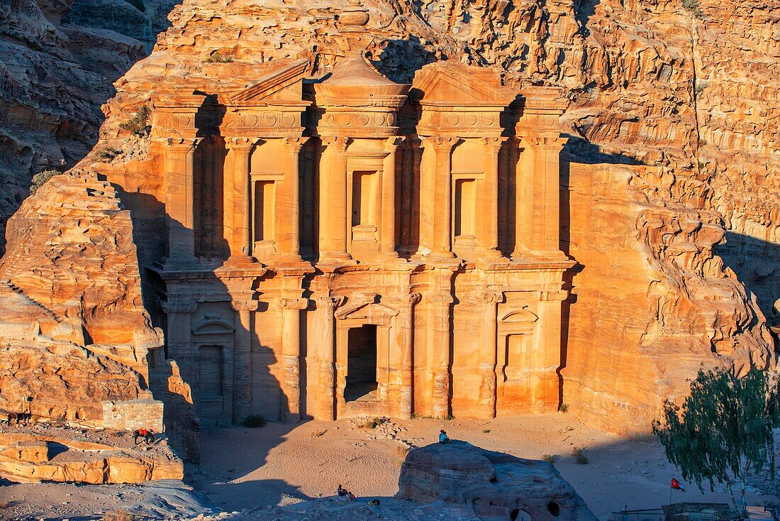 A view of The Monastery or Ad-Deir sculpted out of the rock, at Petra, Jordan. The Monastery of Petra is the largest of the magnificent carved tombs from the ancient necroplis that still exists.