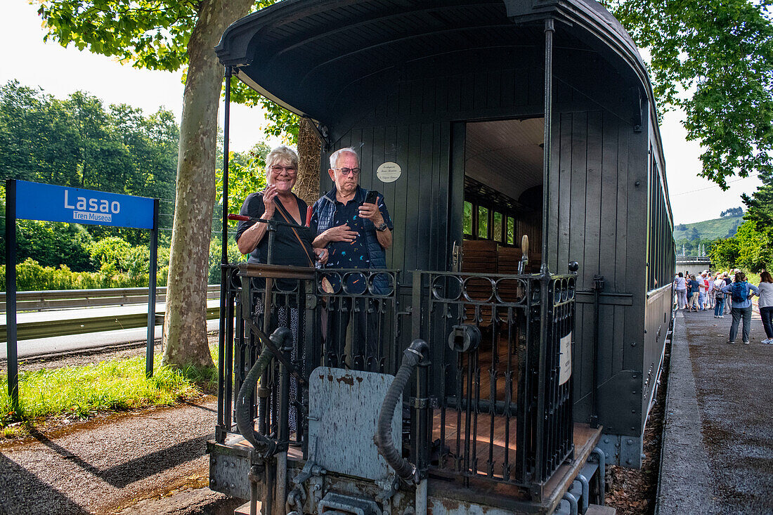 Alter Dampfzugwagen von Azpeitia im Baskischen Eisenbahnmuseum, einem der bedeutendsten seiner Art in Europa. Eisenbahngeschichte von Euskadi in Azpeitia, Gipuzkoa, Euskadi, Baskenland, Spanien.