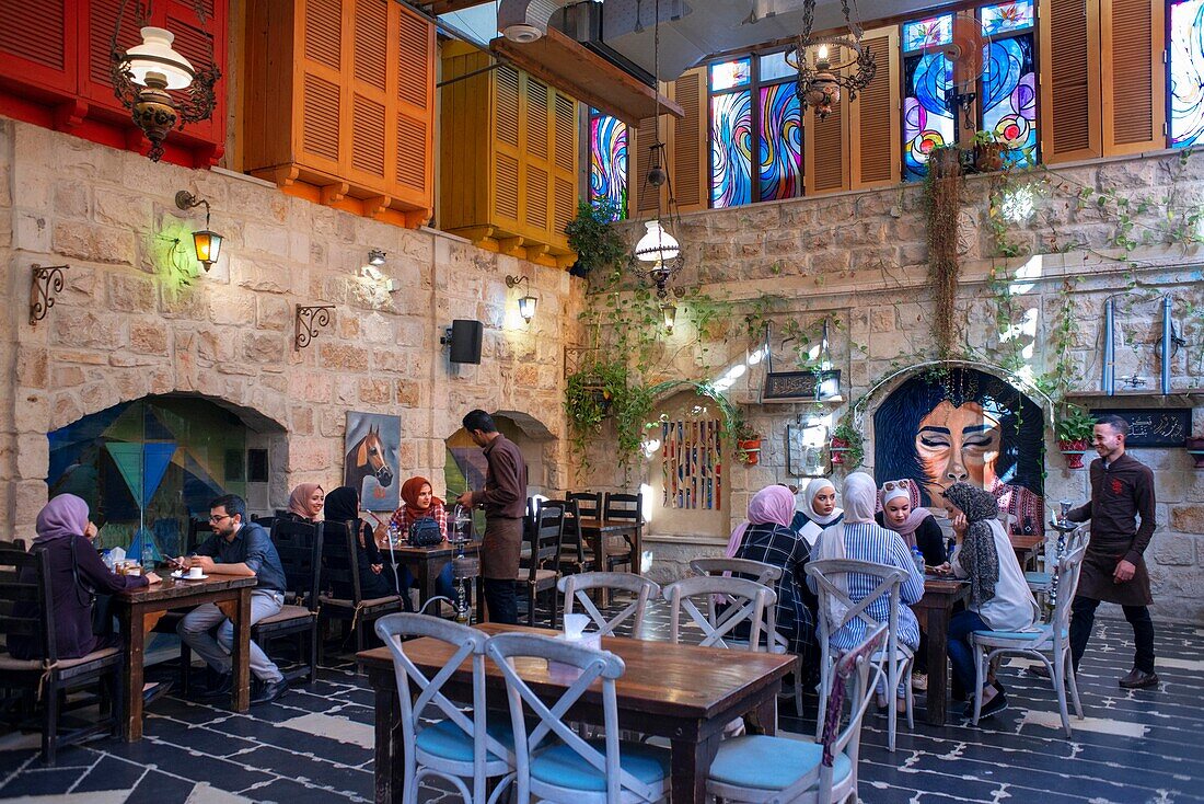 Zajal restaurant Al Balad Steps, off Prince Muhammad Street, Al Rjoum, Amman, Jordan, Middle East. Umbrella street.