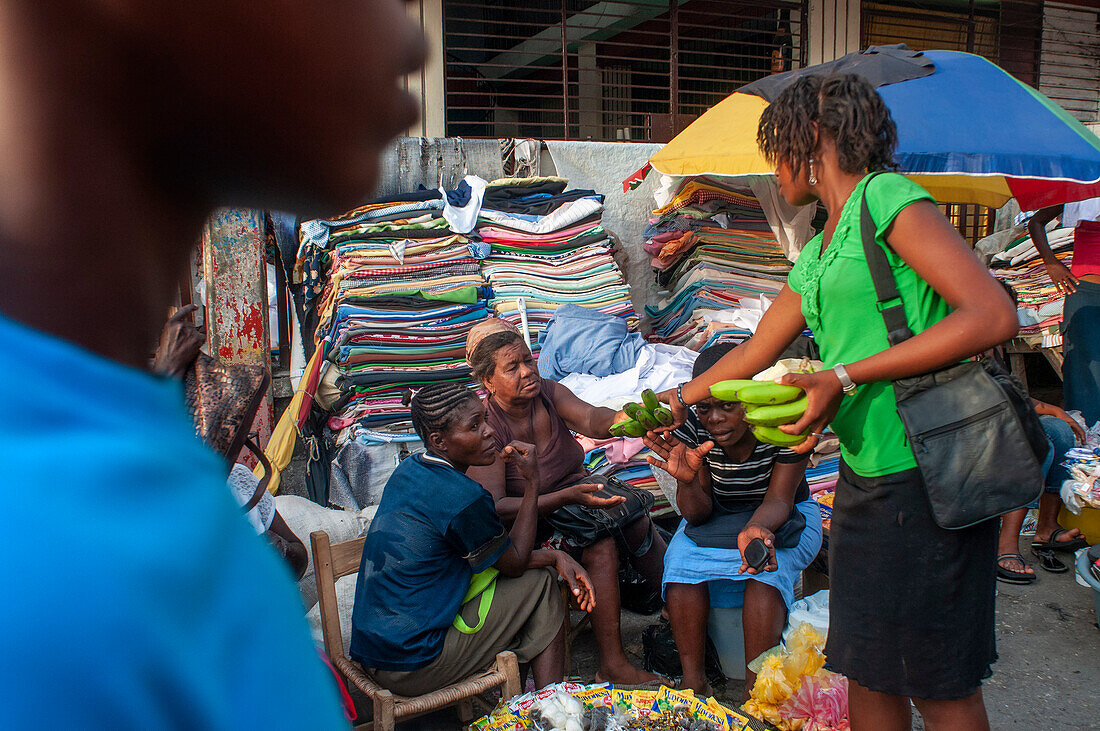 Local market and houses in the historic colonial old town, Jacmel city center, Haiti, West Indies, Caribbean, Central America