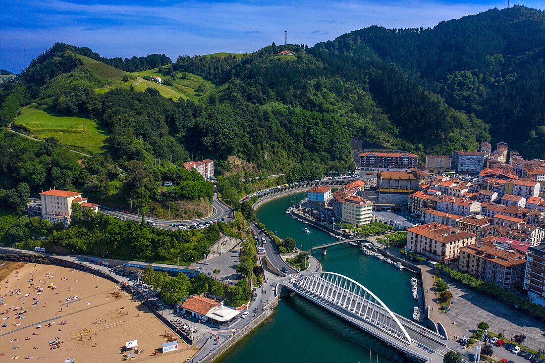 Panoramic aerial view of the fishing port and Ondarroa old town, Biscay, Basque Country, Euskadi, Euskal Herria, Spain