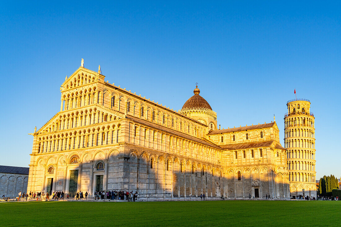 The Pisa Cathedral and Leaning Tower in the Piazza dei Miracoli in Pisa, Italy.