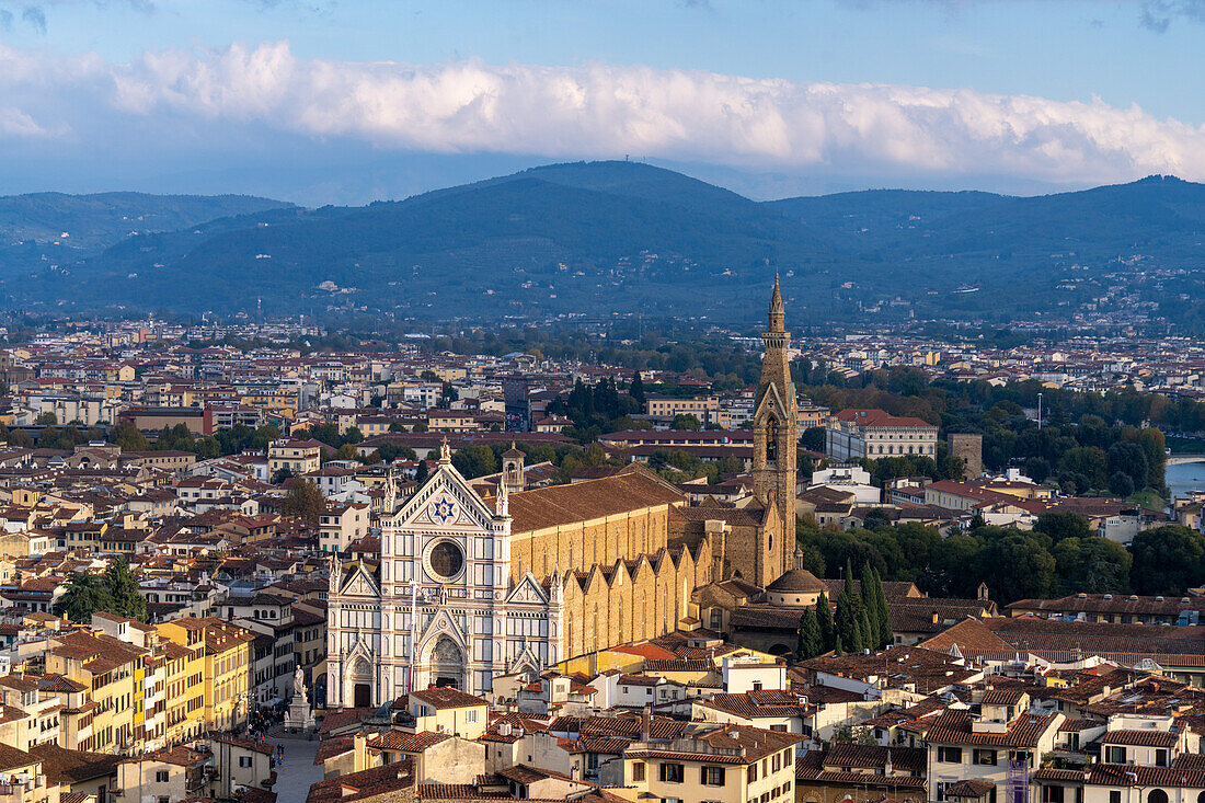 View of the Basilica of Santa Croce from the tower of the Palazzo Vecchio in Florence, Italy.