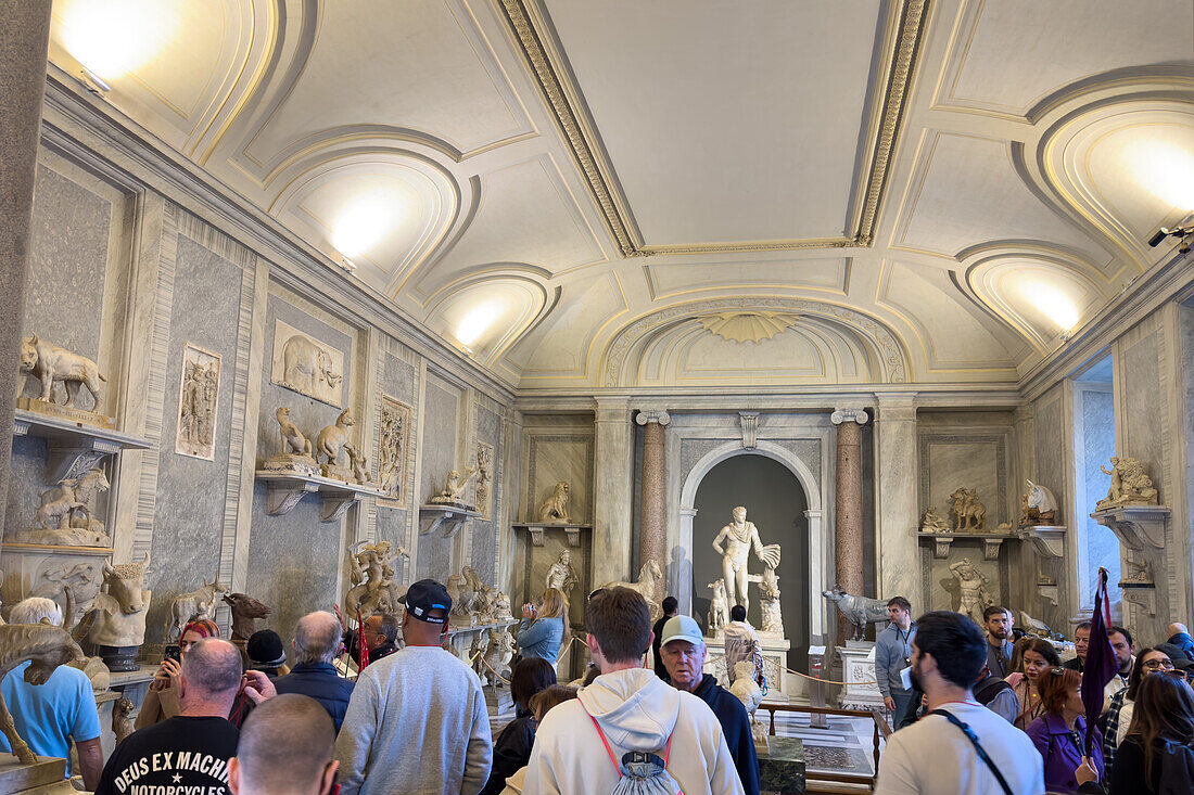 Touristen in der Halle der Tiere im Museum Pio Clementino, Vatikanische Museen, Vatikanstadt, Rom, Italien.