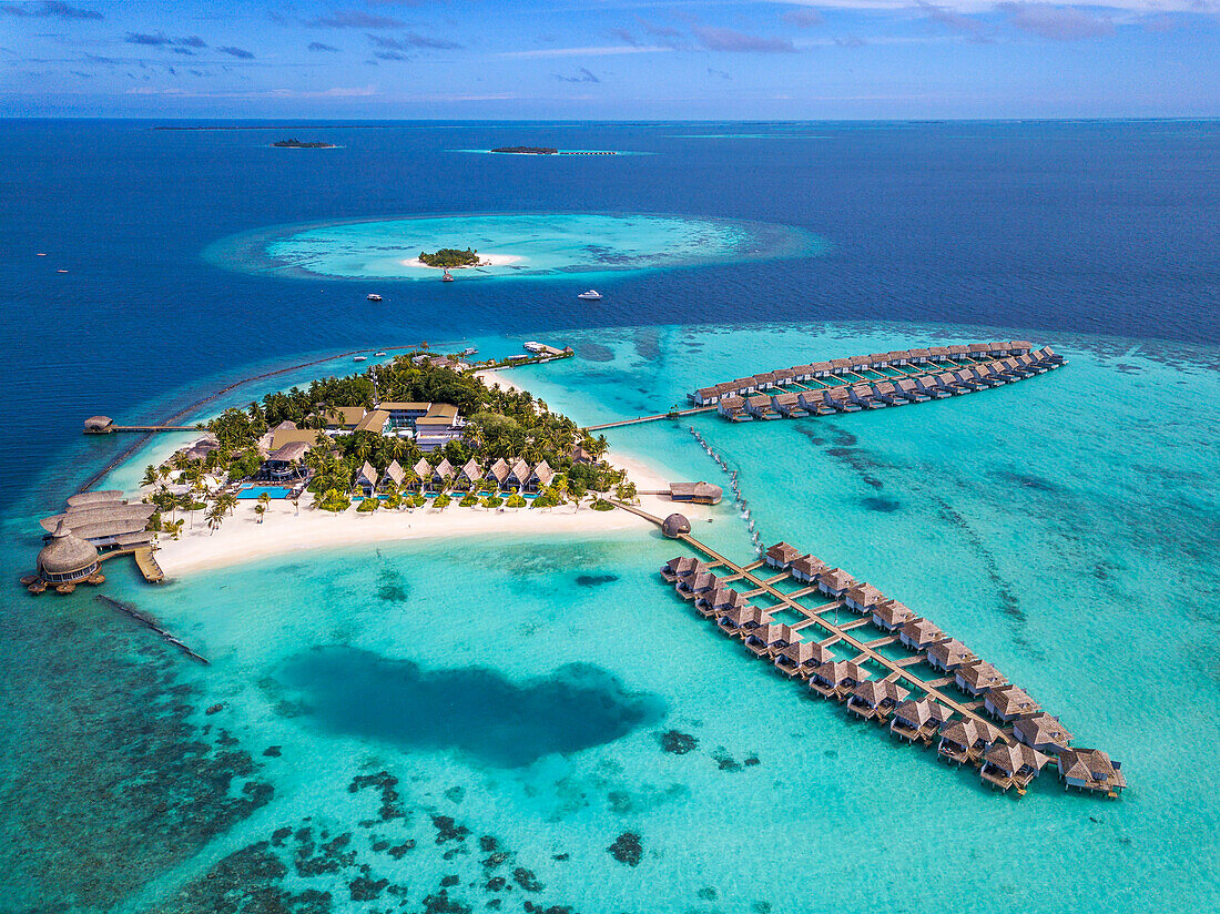 Aerial view of the Outrigger maldives Maafushivaru luxury resort, South Ari Atoll region Maldives