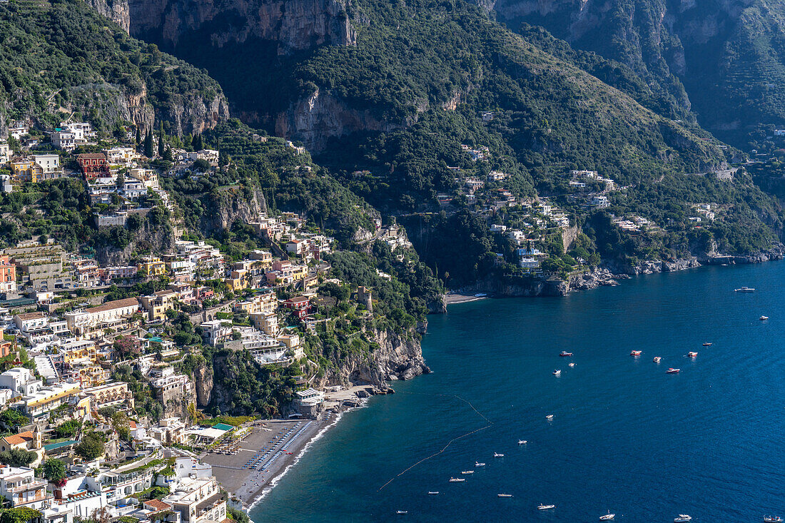 The seaside resort town of Positano terraced on the steep hillside of the Amalfi Coast in Italy.