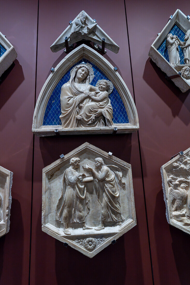 Carved panels by Andrea Pisano from the capanile in the Duomo Museum in Florence, Italy. Circa 14th Century A.D. Campanile Gallery.