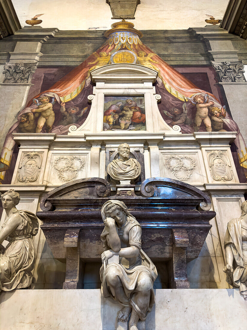 The Monumental Tomb of Michangelo Buonarroti in the Basilica of Santa Croce, Florence, Italy. circa 1564 - 1576.