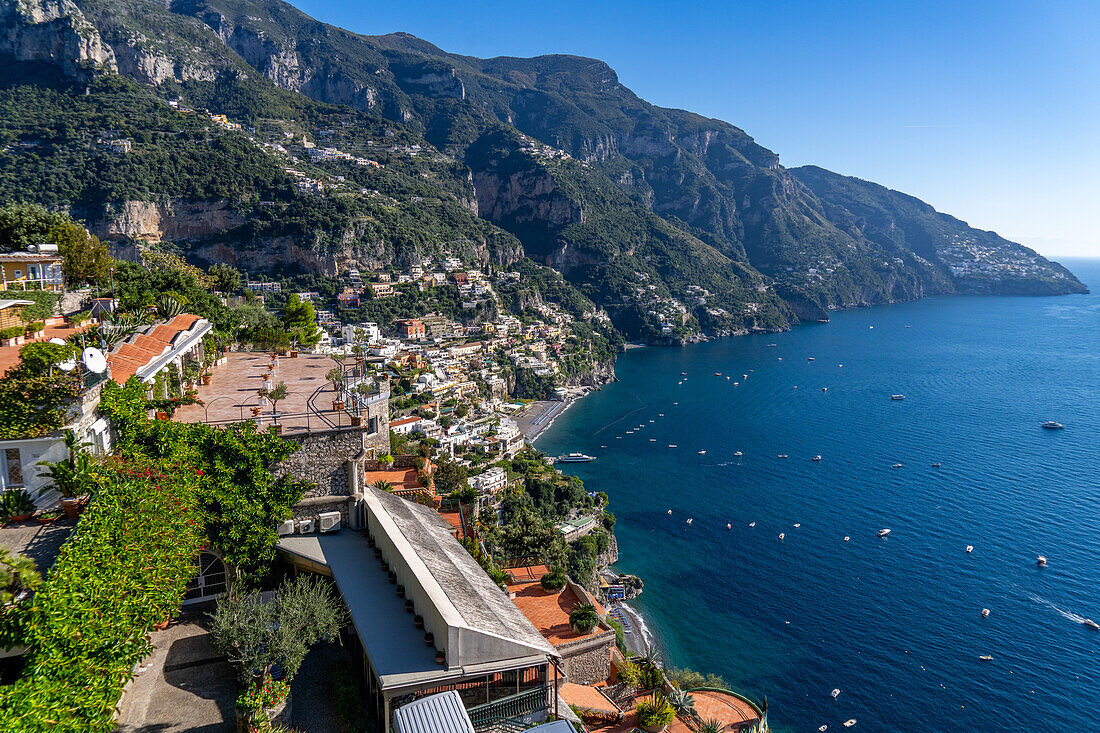 The seaside resort town of Positano terraced on the steep hillside of the Amalfi Coast in Italy.