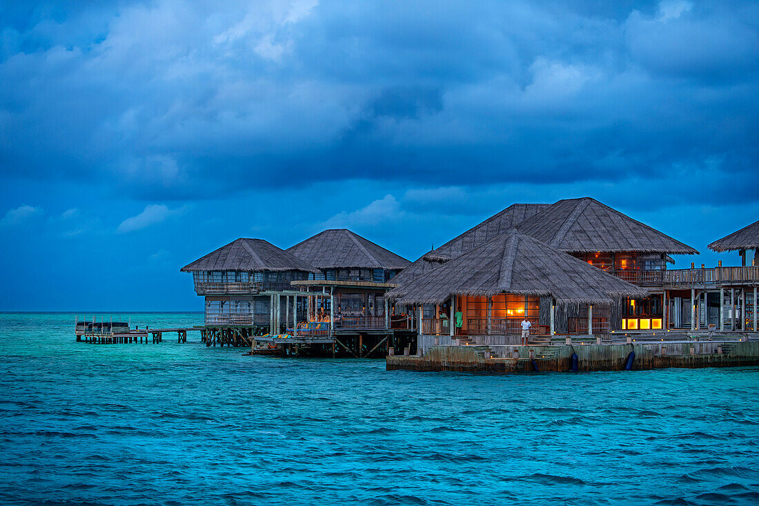 Luxury ower water villas of Six Senses Laamu maldives luxury resort villas, Laamu Atoll region Maldives