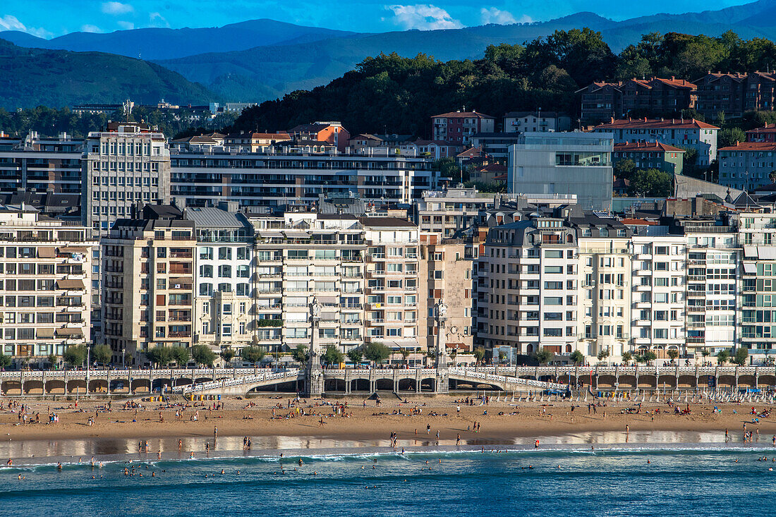 Landscape view over Playa de La Concha beach in San Sebastian, Gipuzkoa, Donostia San Sebastian city, north of Spain, Euskadi, Euskaerria, Spain.