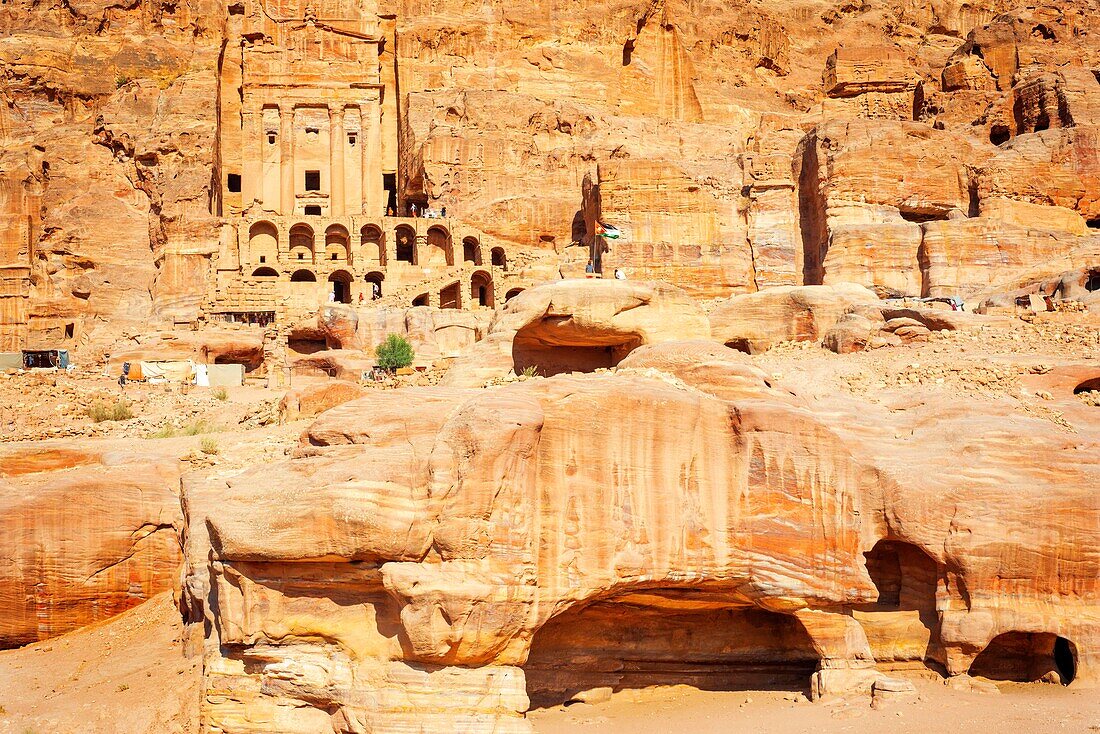 Street of Facades, Tombs of Petra, Jordan. The Corinthian Tomb and the Palace Tomb of the Royal Tombs in the rock city of Petra. The Urn Tomb of the Royal Tombs in the rock city of Petra