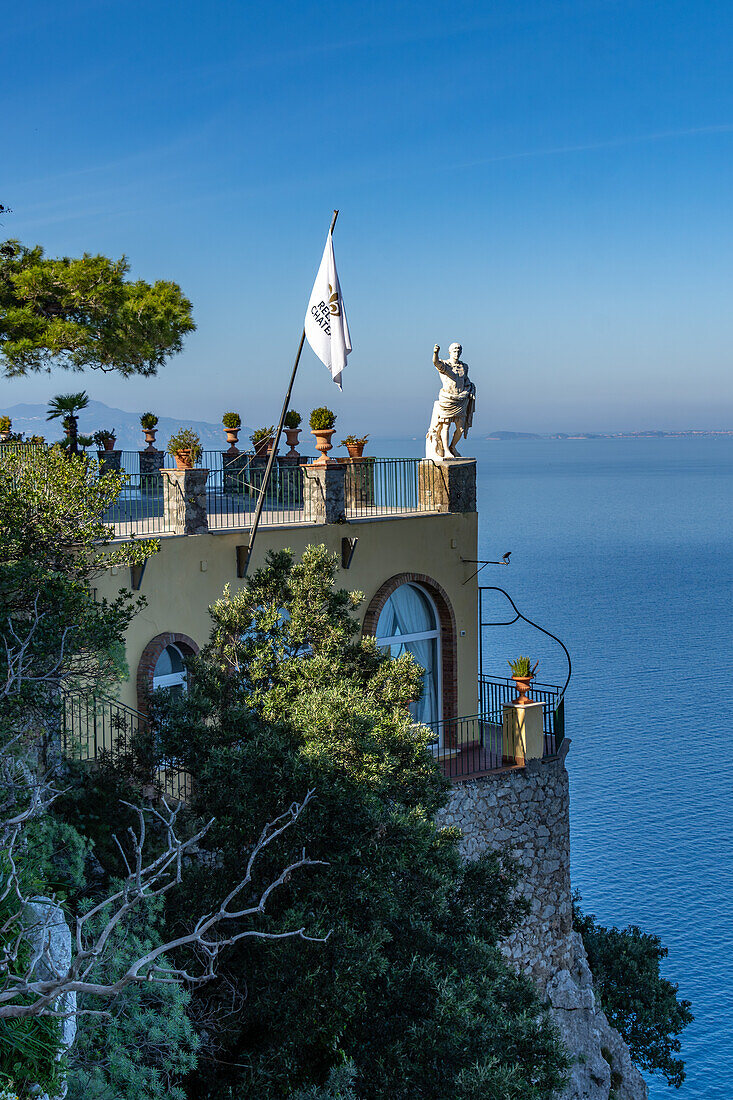 A statue of Augustus Caesar on a cliff-top patio at the Hotel Augustus Caesar in Anacapri, Capri, Italy.