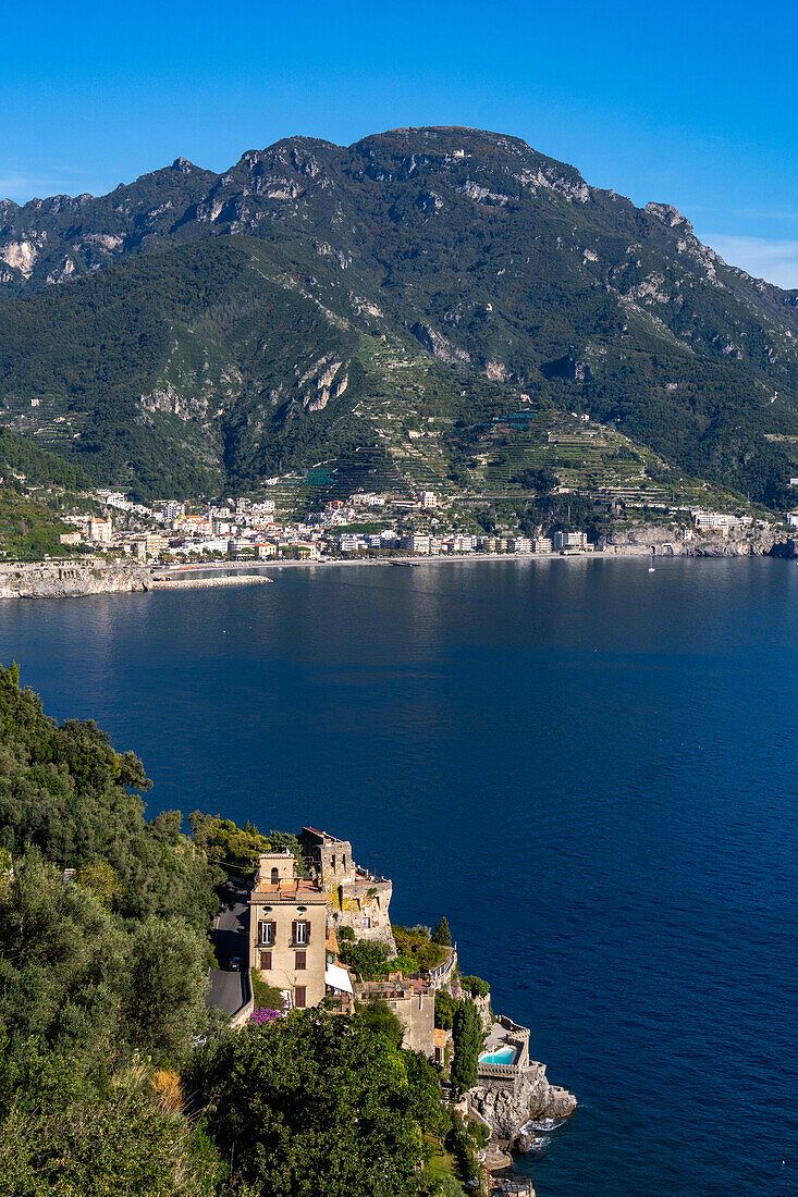 The Tower of Scarpiello, built in 1533 for protection from Saracen pirates in Marmorata, Italy. Now luxury vacation lodging. Maiori is across the bay.