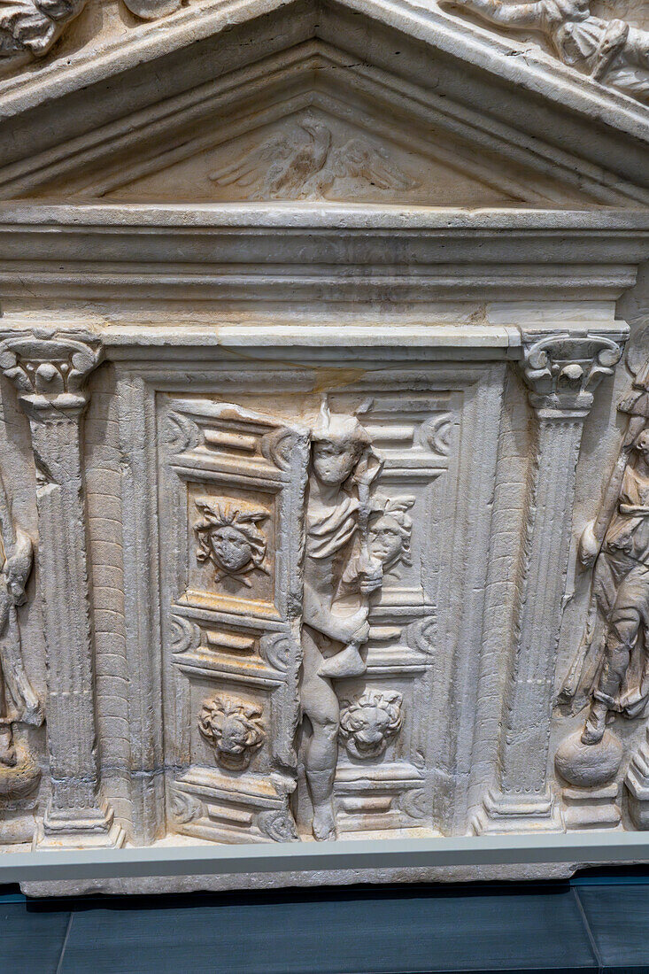 A 2nd Century Roman sarcophagus with Mercury guarding the Gates of Hades. Duomo Museum, Florence, Italy.