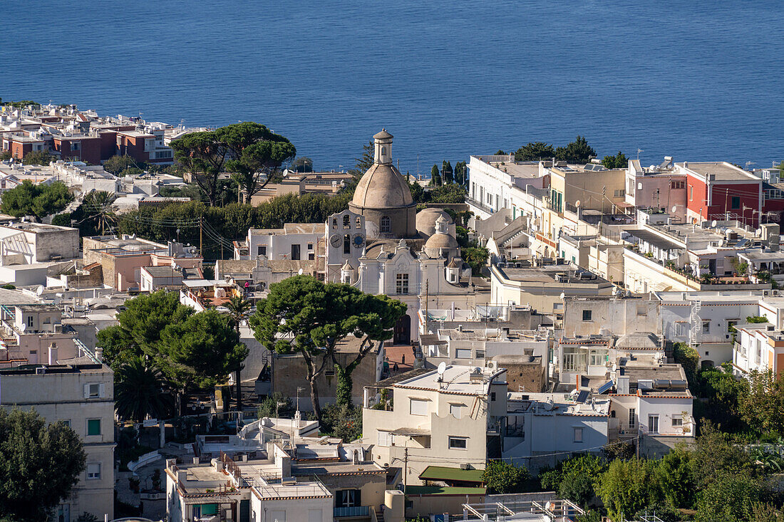 Overlooking the town of Anacapri and the dome of the Church of Santa Sofia on the island of Capri, Italy.