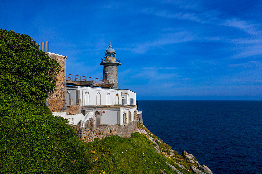 Panoramic aerial view of Santa Catalina lighthouse Santa Katalina in Lekeitio lequeitio, Basque Country, Spain.